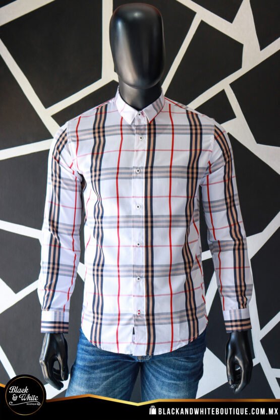 Camisa cuadro blanco con beige, rojo y azul