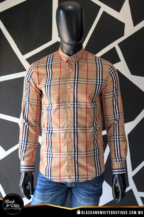 Camisa cuadro beige con rojo, blanco y azul