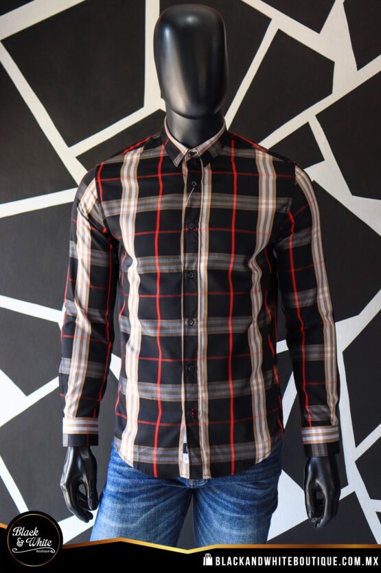 Camisa cuadro negro con beige, blanco y rojo