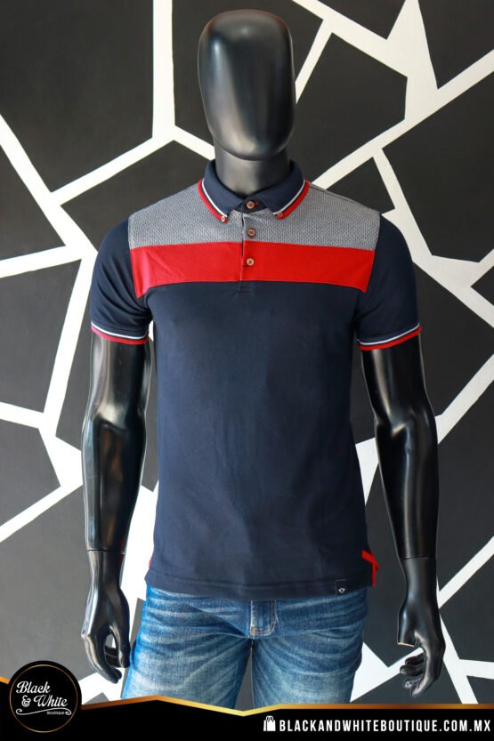 Polo azul marino con rojo y gris