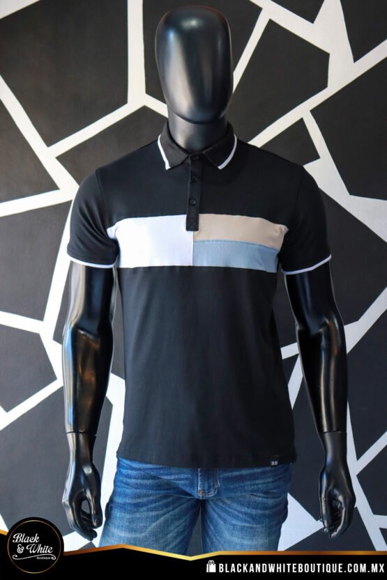 Polo negra con blanco, beige y azul