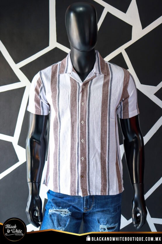 Camisa rayas café, blanco y azul