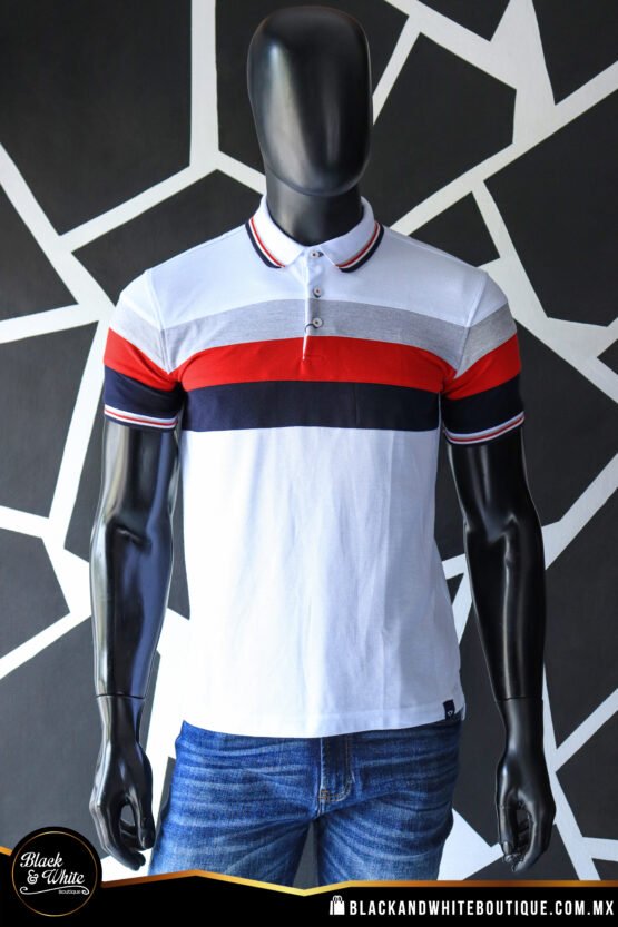 Polo blanca con gris, rojo y marino