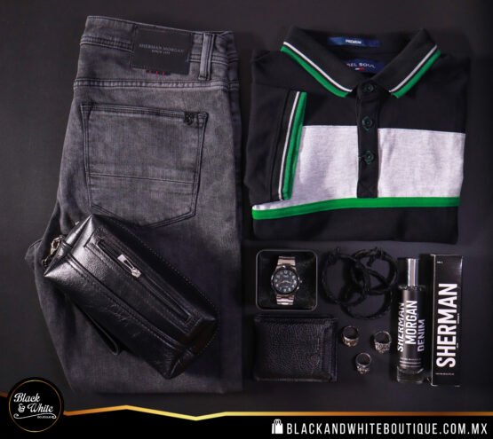 Polo negro con verde y gris - Image 2