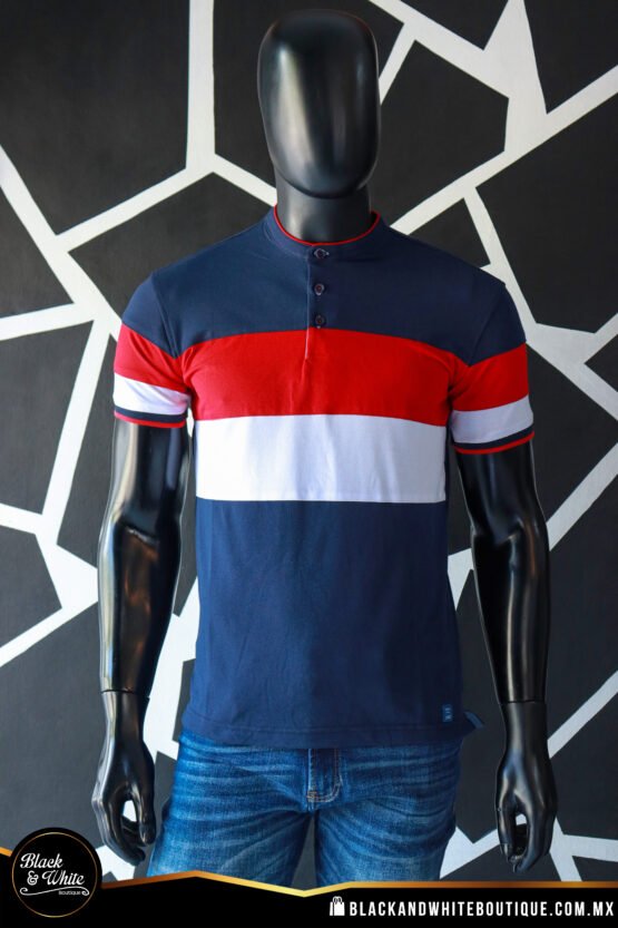 Polo azul marino con rojo y blanco