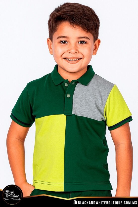 Polo Kids verde con amarillo y gris