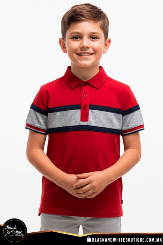 Polo Kids rojo con gris y marino