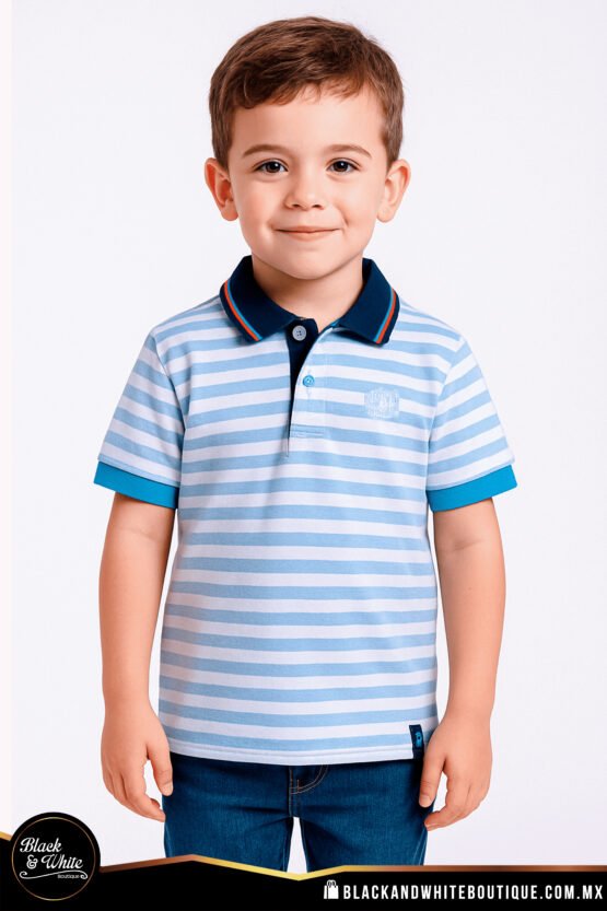Polo Kids azul cielo rayas blancas